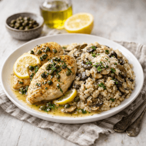 Chicken Piccata with Mushroom Risotto